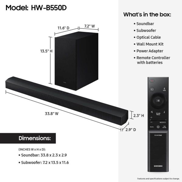 (Open Box) Samsung B550D 3.1ch Soundbar w DTS Virtual:X, Built-in Center Speaker, Subwoofer, HW-B550D ZA (2024) Sale - Image 2